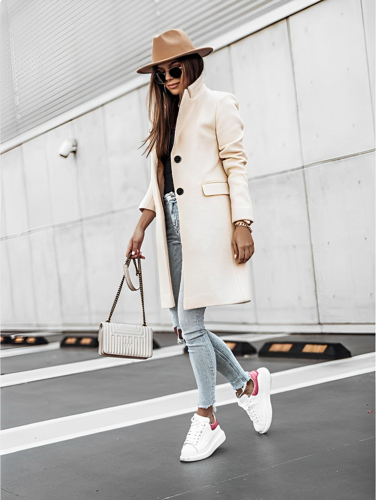 Manteau Femme Châtain Chic avec Fermeture et Pochettes