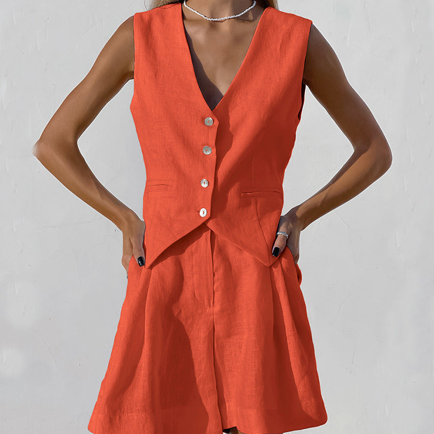 Tenue Été Femme en Lin – Ensemble Décontracté Chic avec Gilet et Short