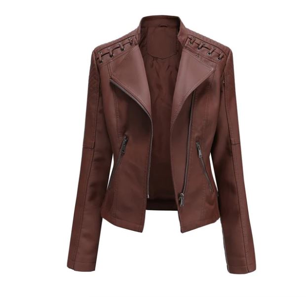 Veste Cuir Brun Féminine à Fermeture Éclair