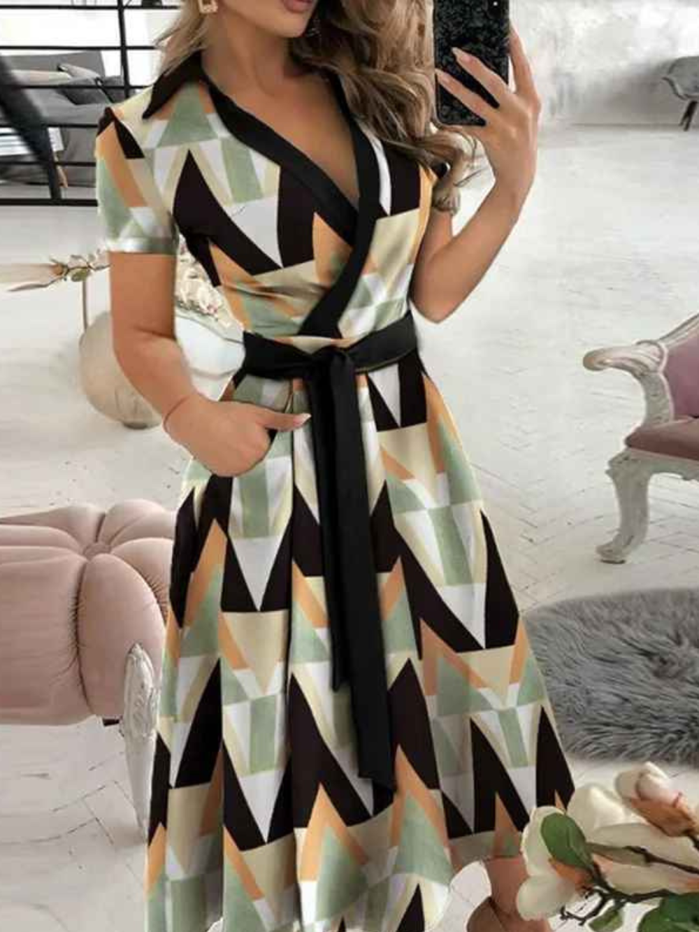 Robe Femme Élégante - Robe Imprimée Chic avec Ceinture et Coupe Fluide pour Tous les Jours