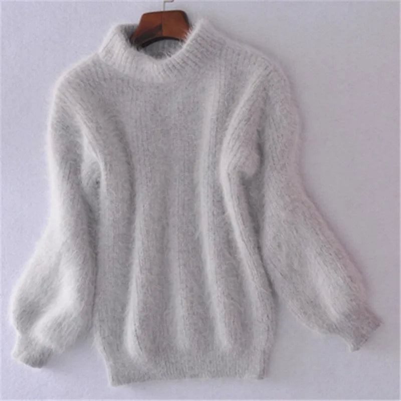Pull Femme Hiver Rose Doux Col Montant