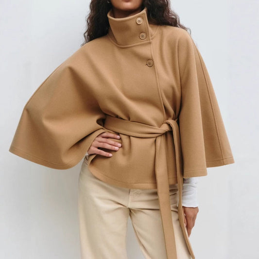 Manteau Cape Élégant Femme – Col Montant & Taille Ajustable pour Hiver - LuxeStyle