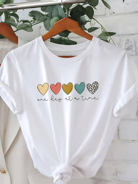 T-Shirt Décontracté à Manches Courtes avec Imprimé Cœurs Colorés pour Femme - LuxeStyle