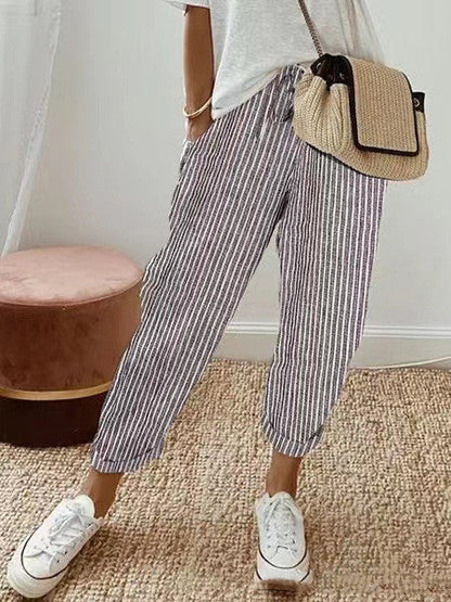 Pantalon coloré décontracté femme coton rayures