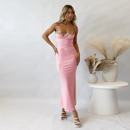 FloriBelle™ – Robe Longue Femme Élégante avec Broderie Florale Ajustable