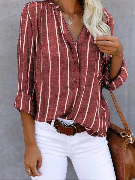 Chemisier femme rayé bordeaux à manches longues - LuxeStyle