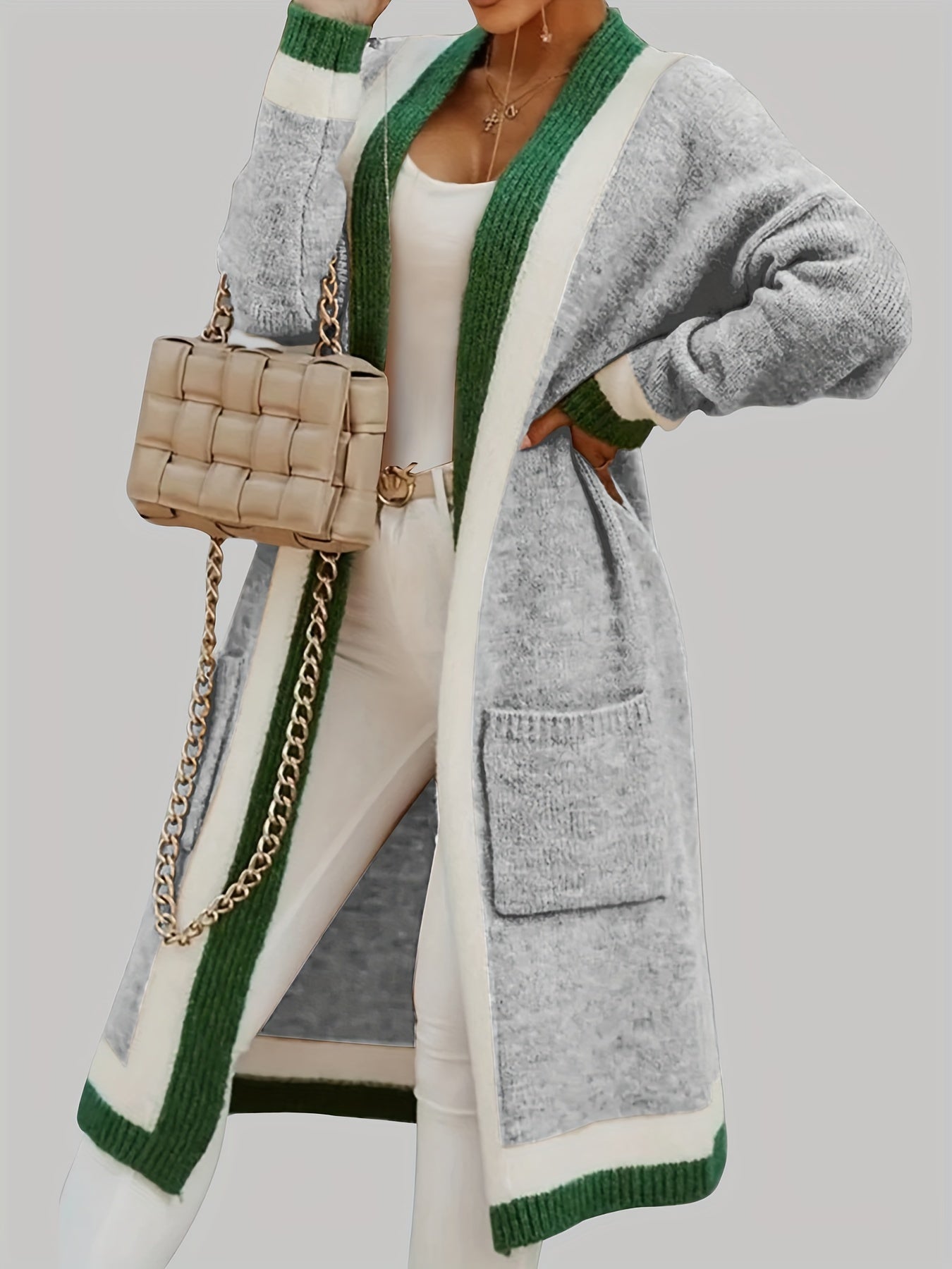 Cardigan Élégant Laine Naturelle avec Poches et Bordure Colorée