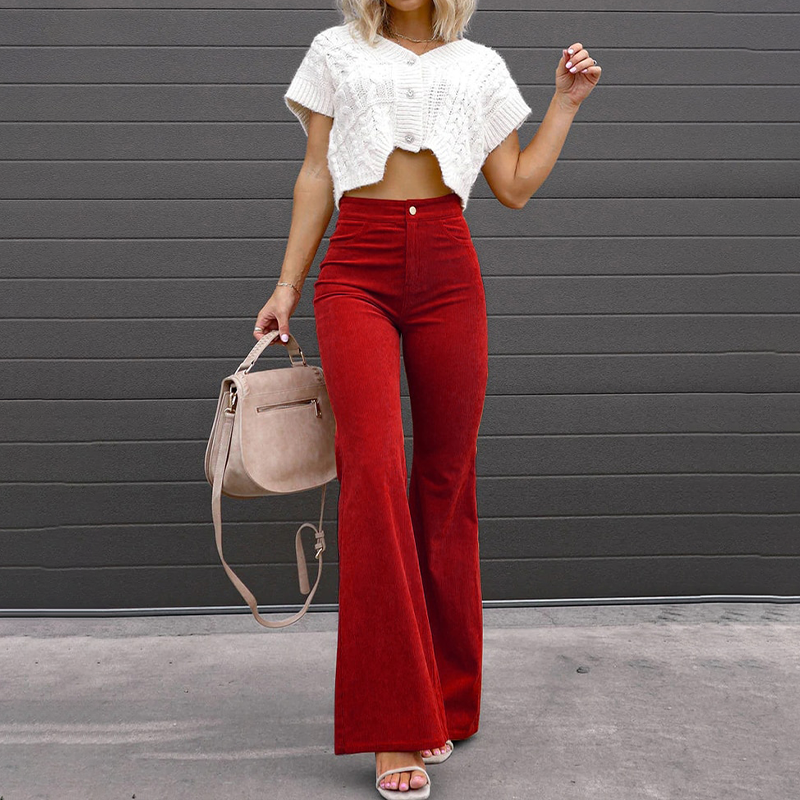 Pantalon large taille haute femme orange vif