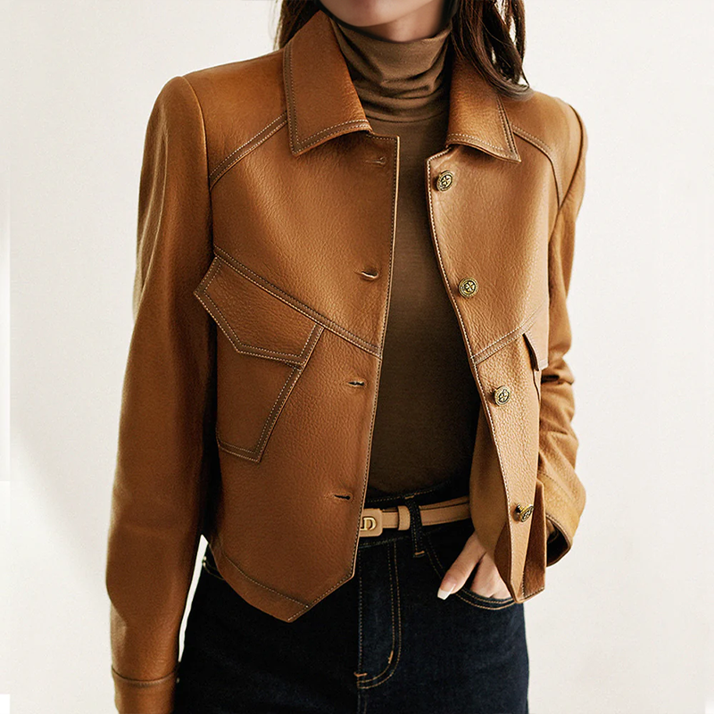 Veste Cuir Féminine Chic avec Col Rond et Poches - LuxeStyle