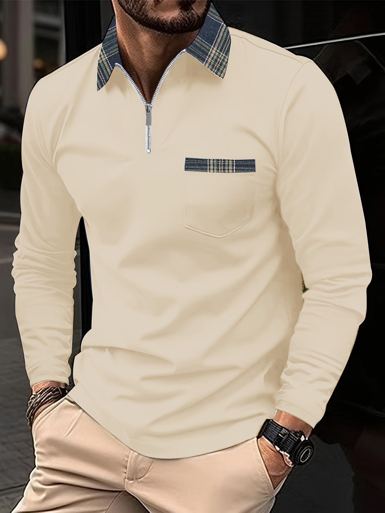 Polo Homme Manches Longues – Col Zippé Élégant Motif Écossais