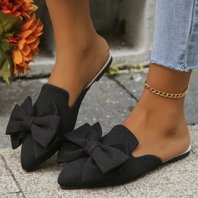Mules Femme Élégantes – Chaussons Plates Confortables à Bout Pointu avec Détail Nœud