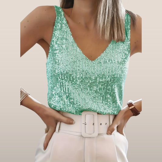 Top Femme Pailleté Émeraude Éclatant Sans Manches - LuxeStyle
