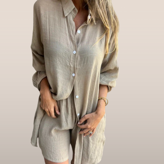 Chemise Femme Lin Naturel Manches Longues Boutonnée - LuxeStyle