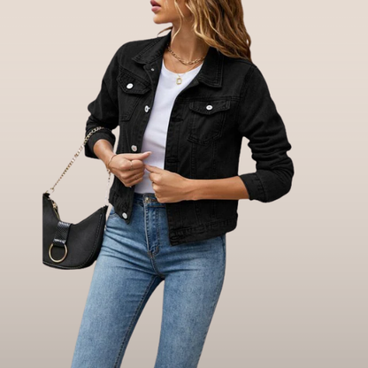 Veste jean femme noir manches longues poches côtés - LuxeStyle