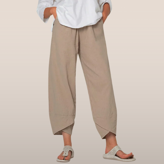 Pantalon large confortable en lin beige femme - LuxeStyle
