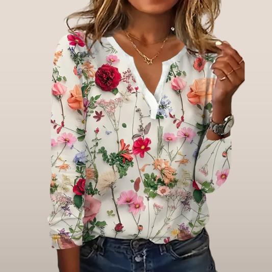 Blouse Femme Élégante Manches Longues Fleurs Colorées - LuxeStyle
