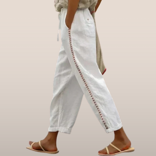 Pantalon Femme Lin Blanc Brodé - LuxeStyle