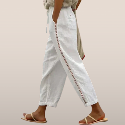 Pantalon Femme Lin Blanc Brodé - LuxeStyle