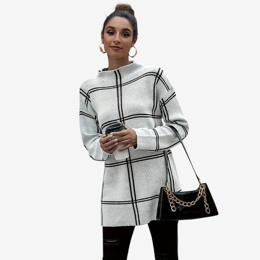 Pull Femme à Manches Longues Col Rond Écossais - LuxeStyle