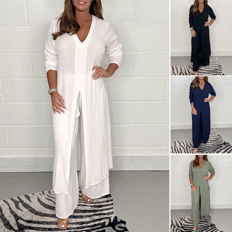 Ensemble Femme 2 Pièces Élégant - Haut Long Fluide avec Pantalon Taille Élevée - LuxeStyle