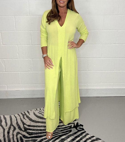Ensemble Femme 2 Pièces Élégant - Haut Long Fluide avec Pantalon Taille Élevée