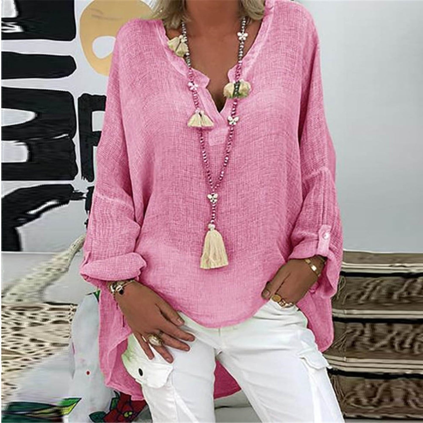 Blouse Été Femmes Manches Longues Col en V
