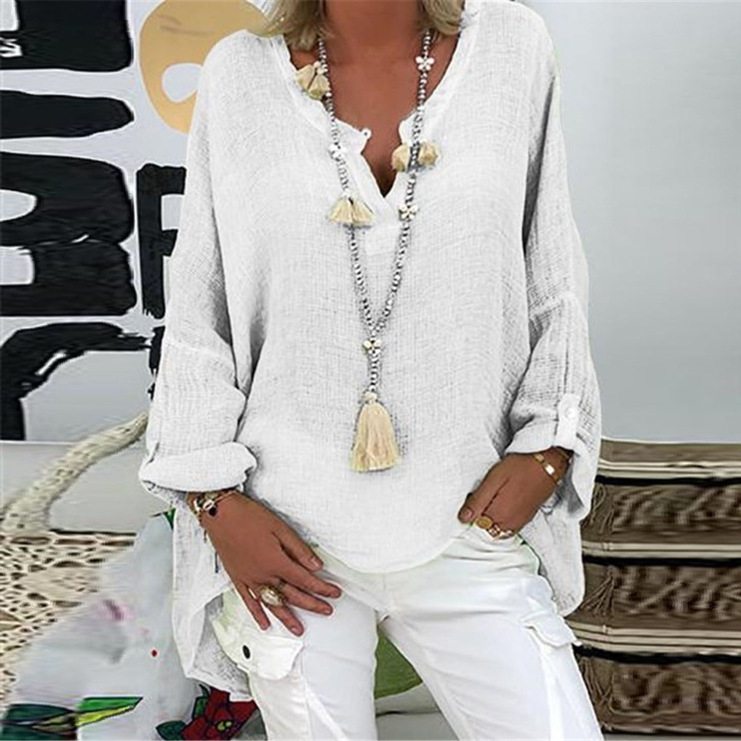 Blouse Lin Fraîche Col V Manches Longues