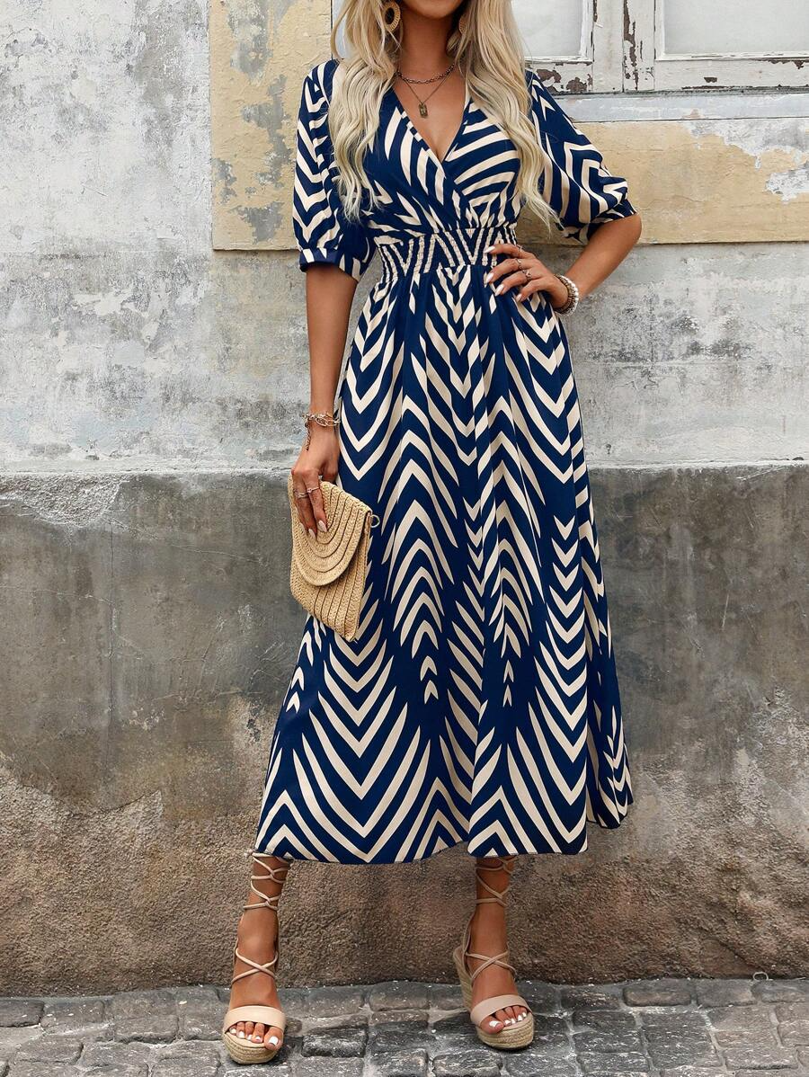 Robe Femme Élégante Longue à Ceinture avec Motif Tendance