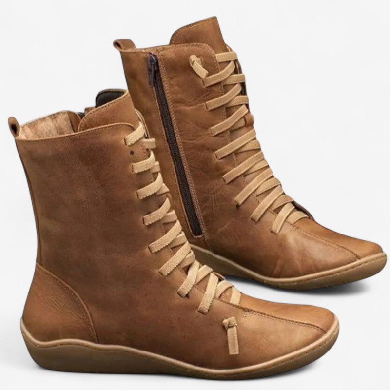 Bottes Femmes à Talon Plat avec Lacets et Fermeture Éclair