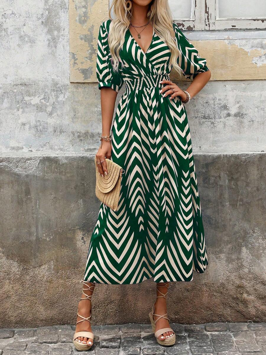 Robe Femme Élégante Longue à Ceinture avec Motif Tendance