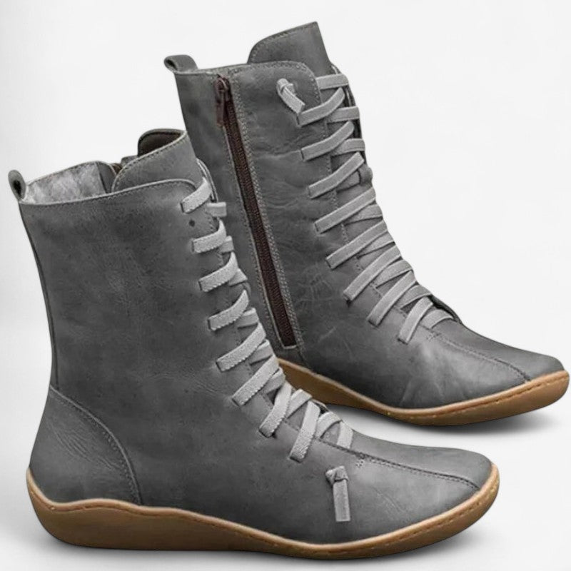 Bottes Femmes à Talon Plat avec Lacets et Fermeture Éclair