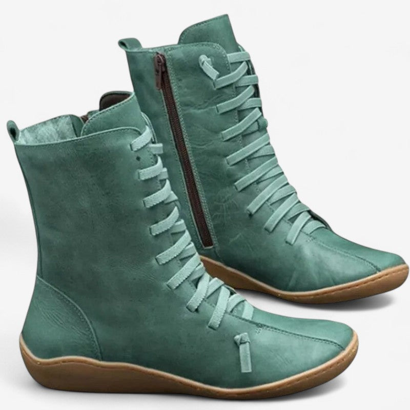 Bottes Femmes à Talon Plat avec Lacets et Fermeture Éclair