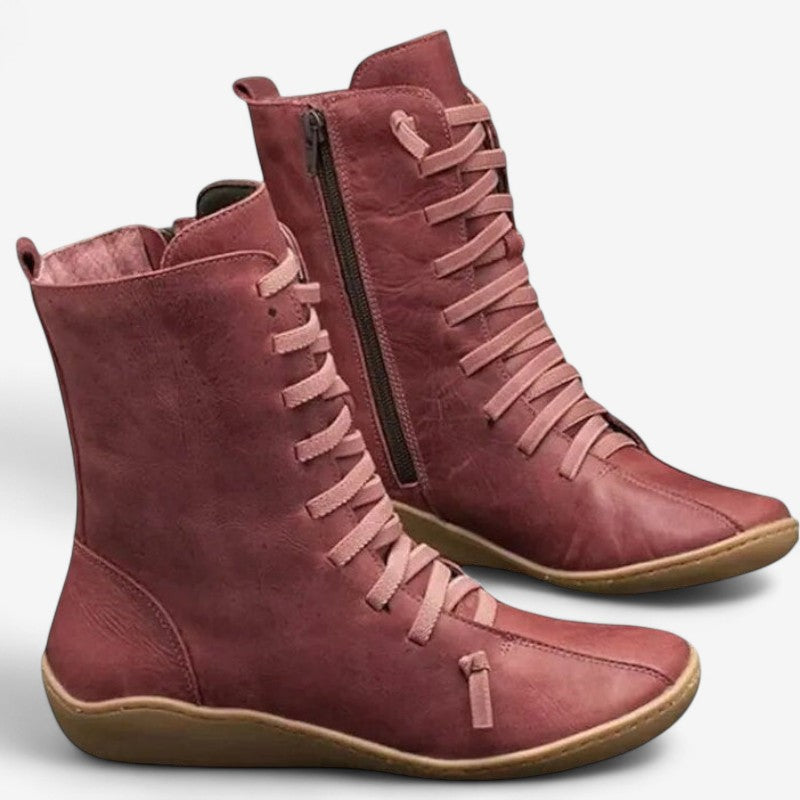 Bottes Femmes à Talon Plat avec Lacets et Fermeture Éclair