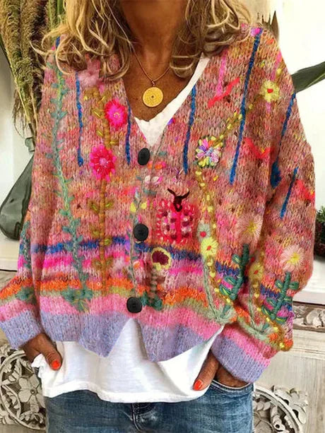 Cardigan Femme Coloré Fleuri Hiver