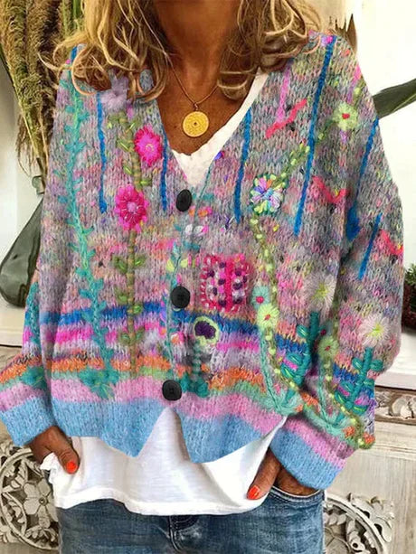 Cardigan Femme Coloré Fleuri Hiver - LuxeStyle