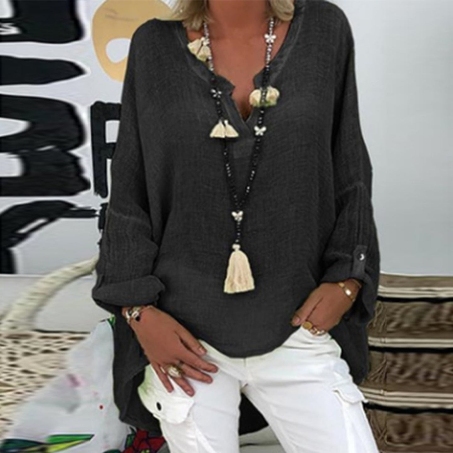 Blouse Été Femmes Manches Longues Col en V