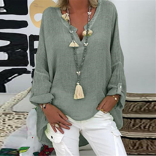 Blouse Lin Fraîche Col V Manches Longues - LuxeStyle