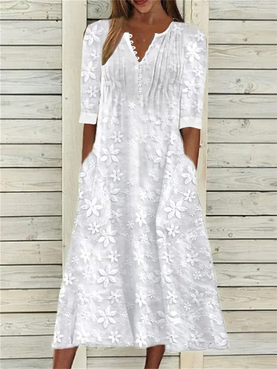 Robe Longue Femme Fleurs – Coton Doux Élégant Col en V - LuxeStyle