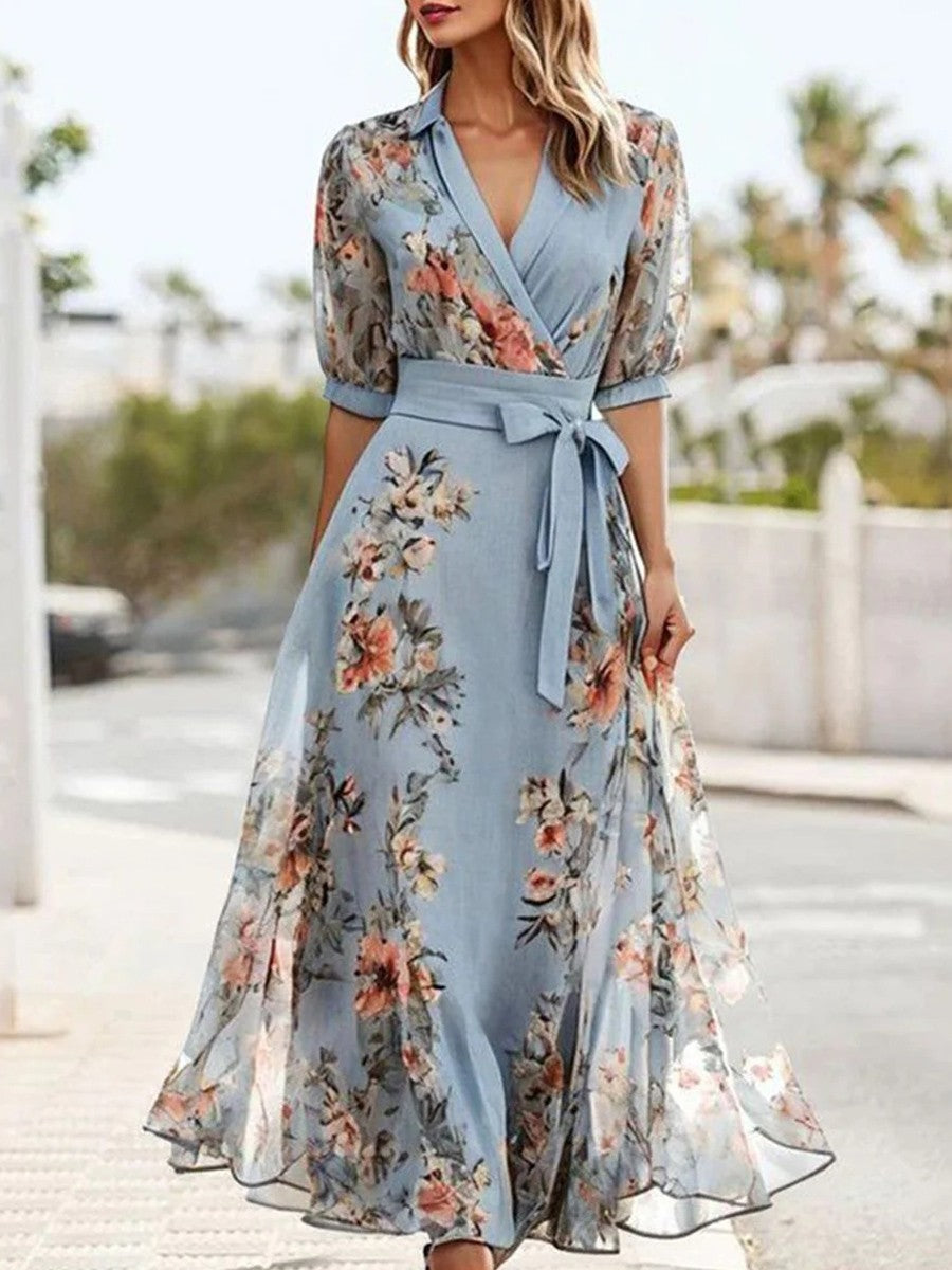 Robe Femme Élégante Bleu Marine – Col en V, Manches Courtes & Style Détendu - LuxeStyle