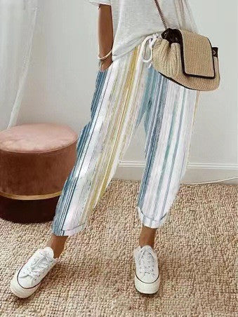 Pantalon coloré décontracté femme coton rayures