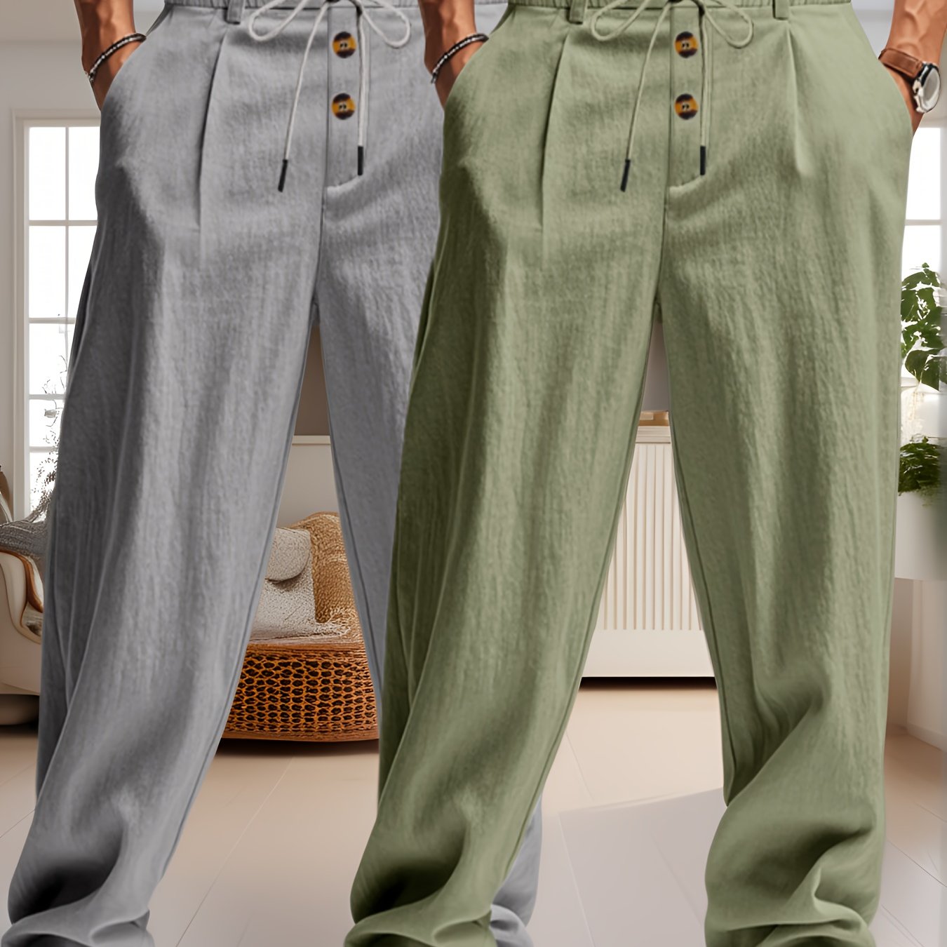 Pantalon Lin Homme Décontracté Beige Bleu