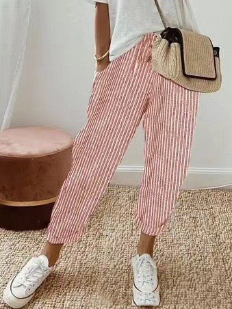 Pantalon coloré décontracté femme coton rayures