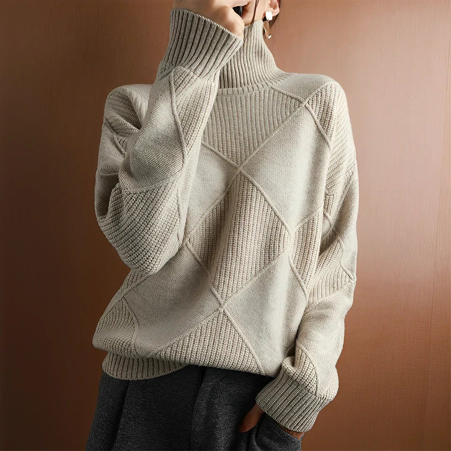 Pull Femme en Maille Douce à Losanges Châtaigne