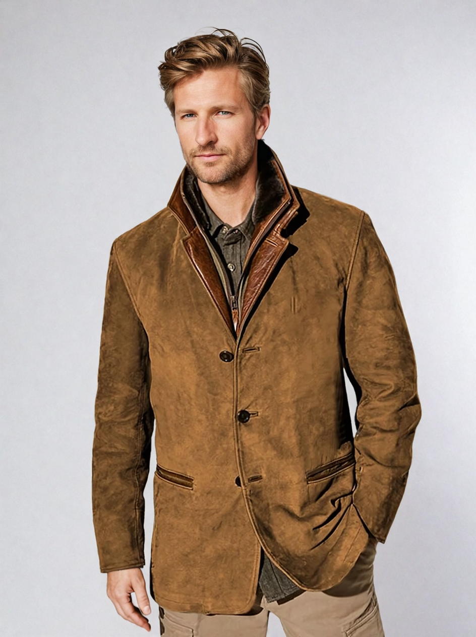 Veste Cuir Brun Homme Col Contraste