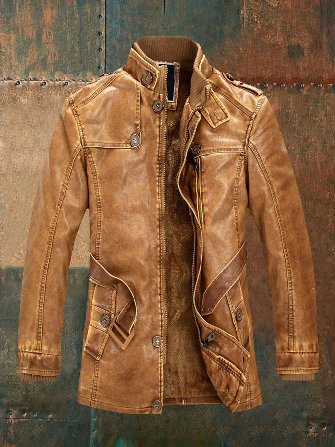 Veste Cuir Homme Chic Rétro - Doublure Fleece & Fermeture Élégante