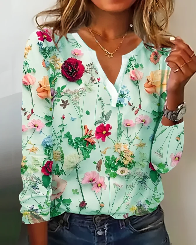 Blouse Femme Élégante Manches Longues Fleurs Colorées