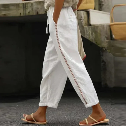 Pantalon Femme Lin Blanc Brodé