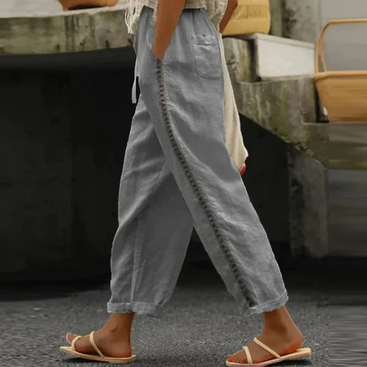 Pantalon Femme Lin Blanc Brodé