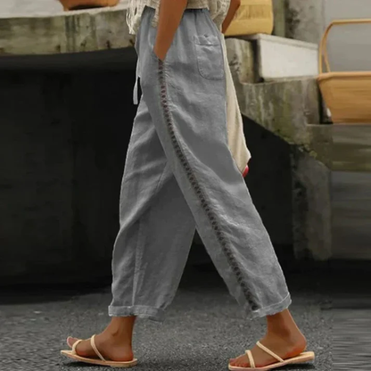 Pantalon Femme Lin Blanc Brodé