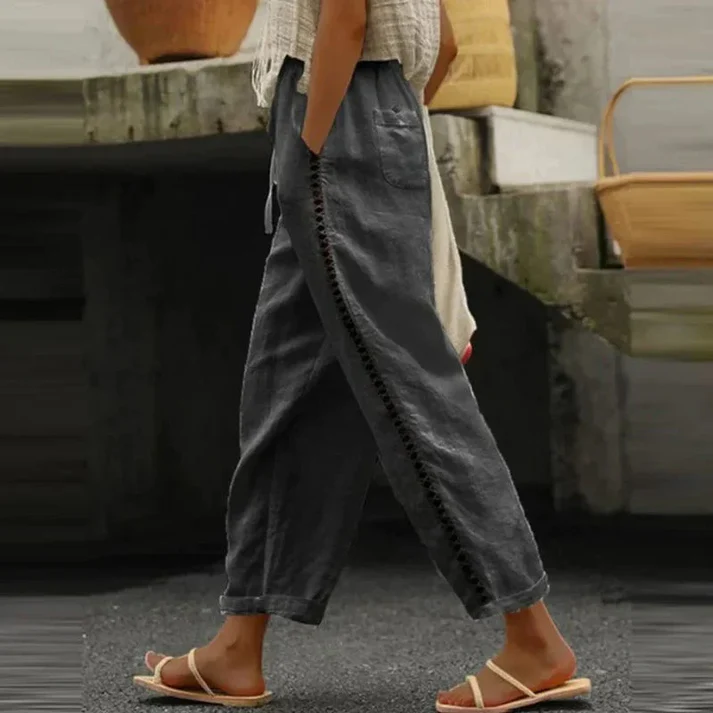 Pantalon Femme Lin Blanc Brodé